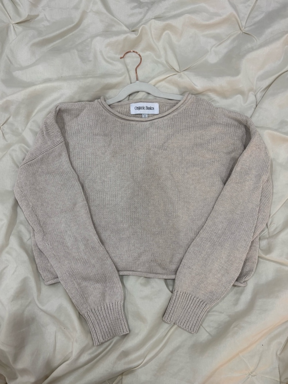 Organic Basics Women's Cream/Taupe Knit Cropped Crewneck Sweater